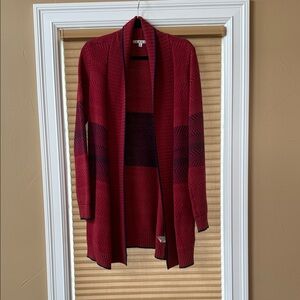 CAbi Burgundy and Black Open Front Cardigan